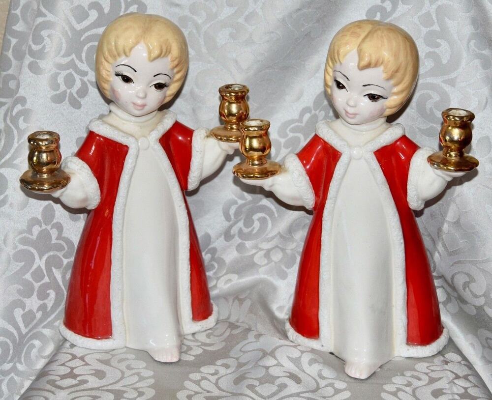 HOLT-HOWARD Christmas Holiday Ceramic Choir Girls Hand Painted Candle Holders